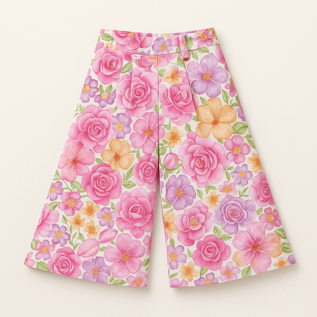 "Girls’ Wide-Leg Floral Culottes with Pink, Purple & Orange Flower Print – Summer Outfit (4–12Y)"