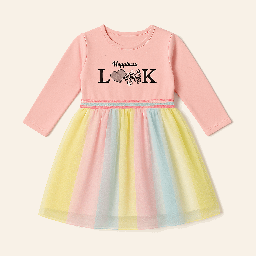 Girls blush pink rainbow tulle frock – Happiness Look dress for ages 3–7 years, perfect party outfit