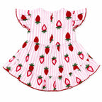 Pink strawberry print cotton frock for girls ages 2-5 by Lilcubs PK, featuring a sleeveless design and playful summer style.