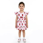 Girls pink strawberry print cotton frock by lilcubspk, featuring a cute summer dress for ages 2 to 5.