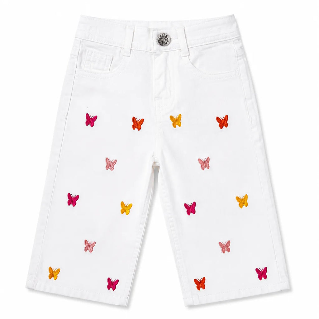 Girls White Butterfly Embroidered Denim Jeans