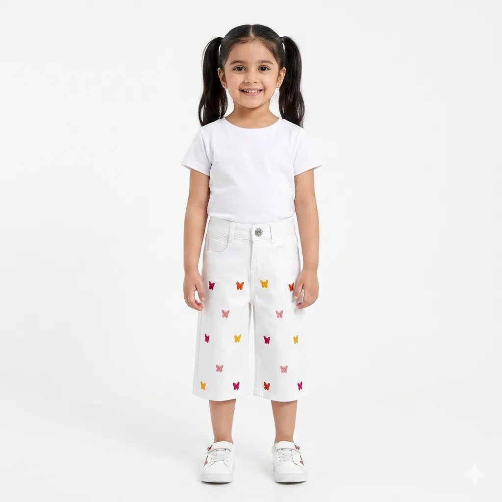 Girls White Butterfly Embroidered Denim Jeans