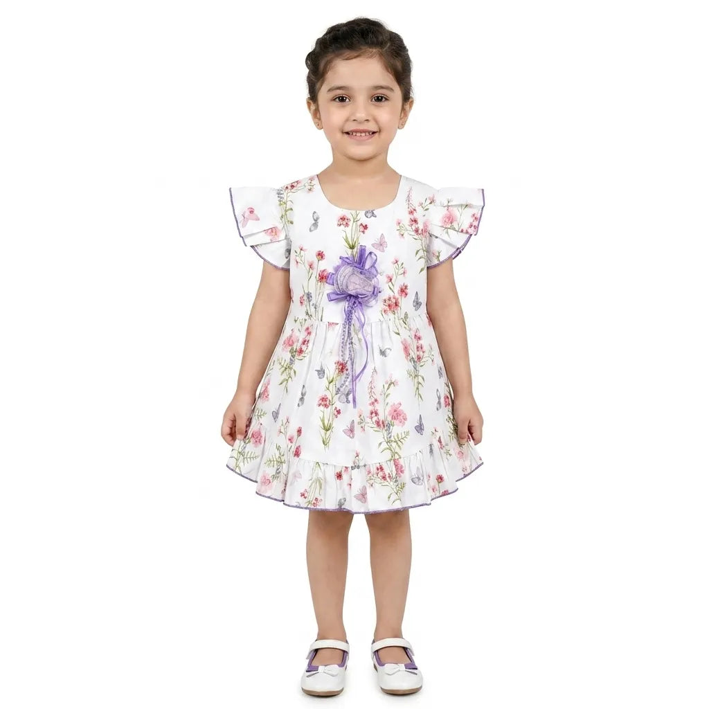 Summer Girls Frock - White Floral Cotton (Ages 2-5)