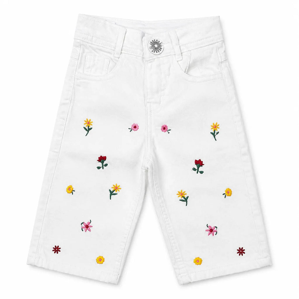 Girls White Floral Embroidered Denim Jeans