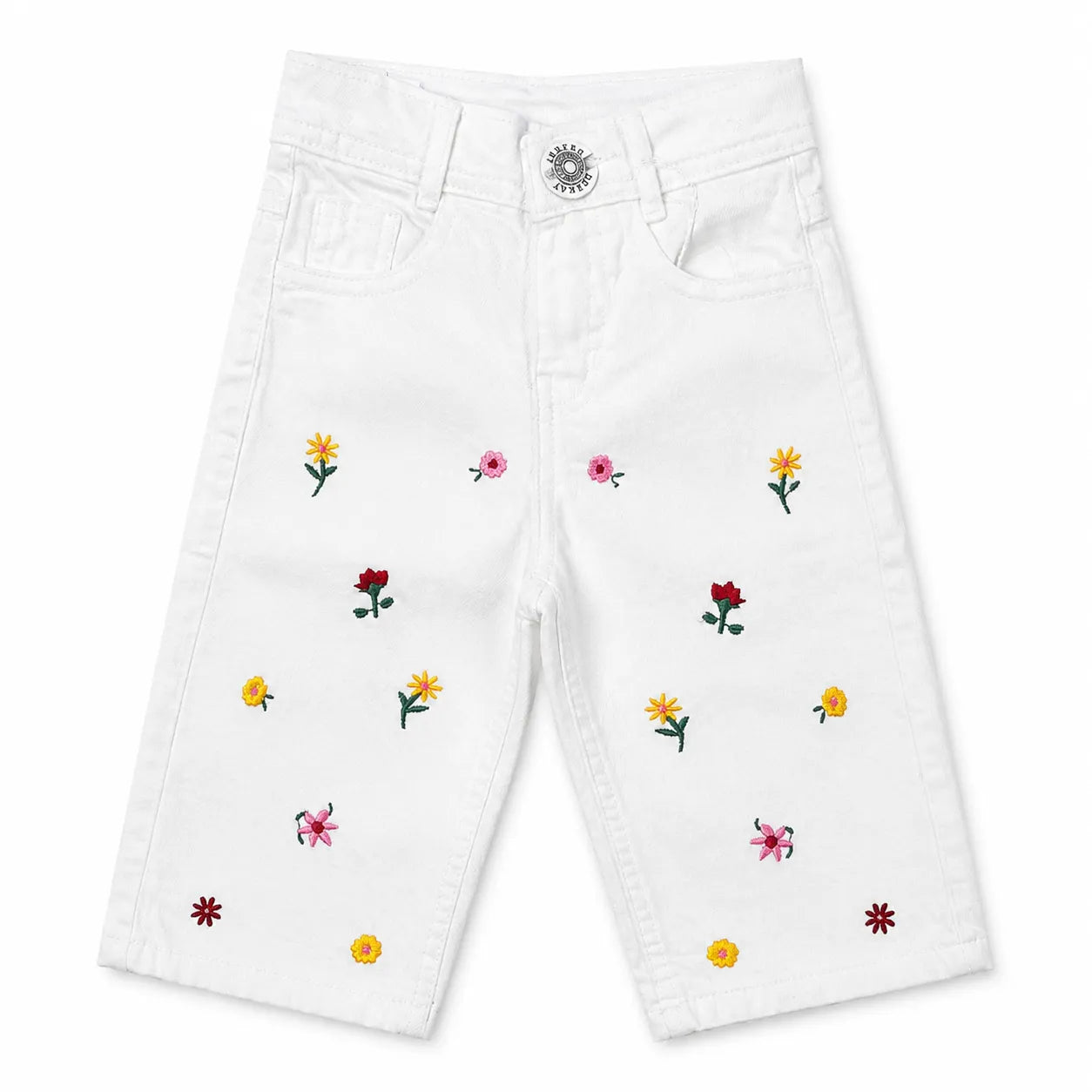 Girls White Floral Embroidered Denim Jeans