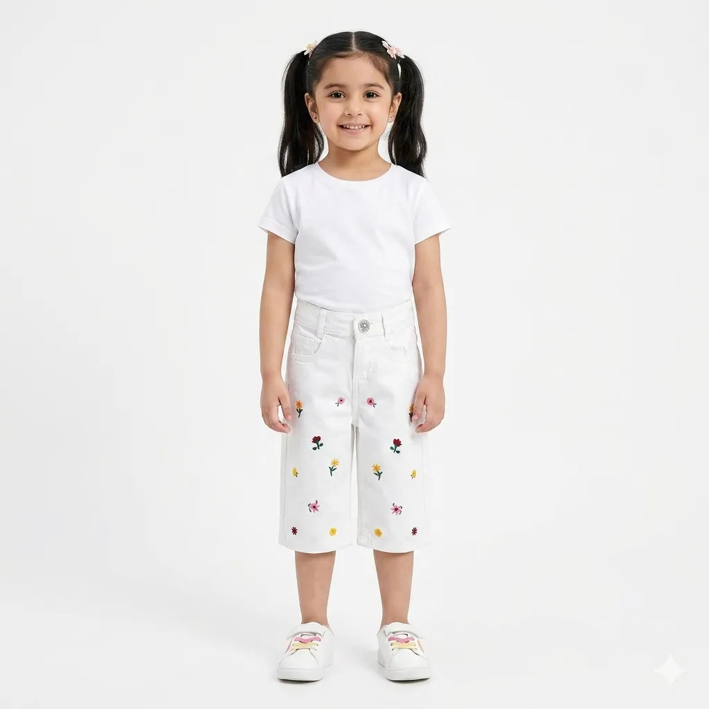 Girls White Floral Embroidered Denim Jeans
