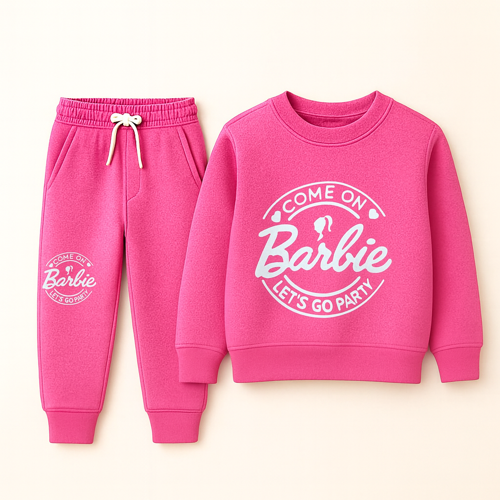 Girls Barbie “Let’s Go Party” Pastel Pink Winter Tracksuit (Soft Fleece)