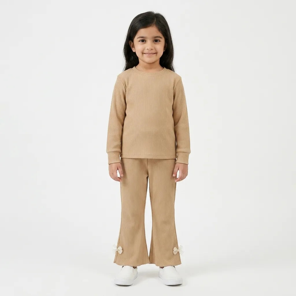 Girls Beige Imported Rib Trouser (Size 3 - 12 Years)