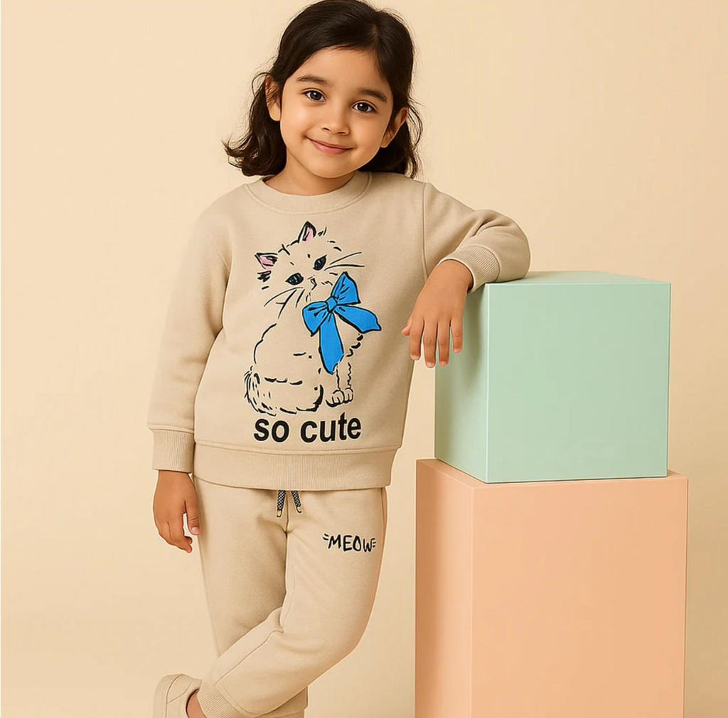 Girls beige kitty fleece tracksuit