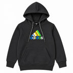Girls black Adidas pocket winter hoodie and jogger set, 2-piece warm clothing for kids age 1 to 12 years.