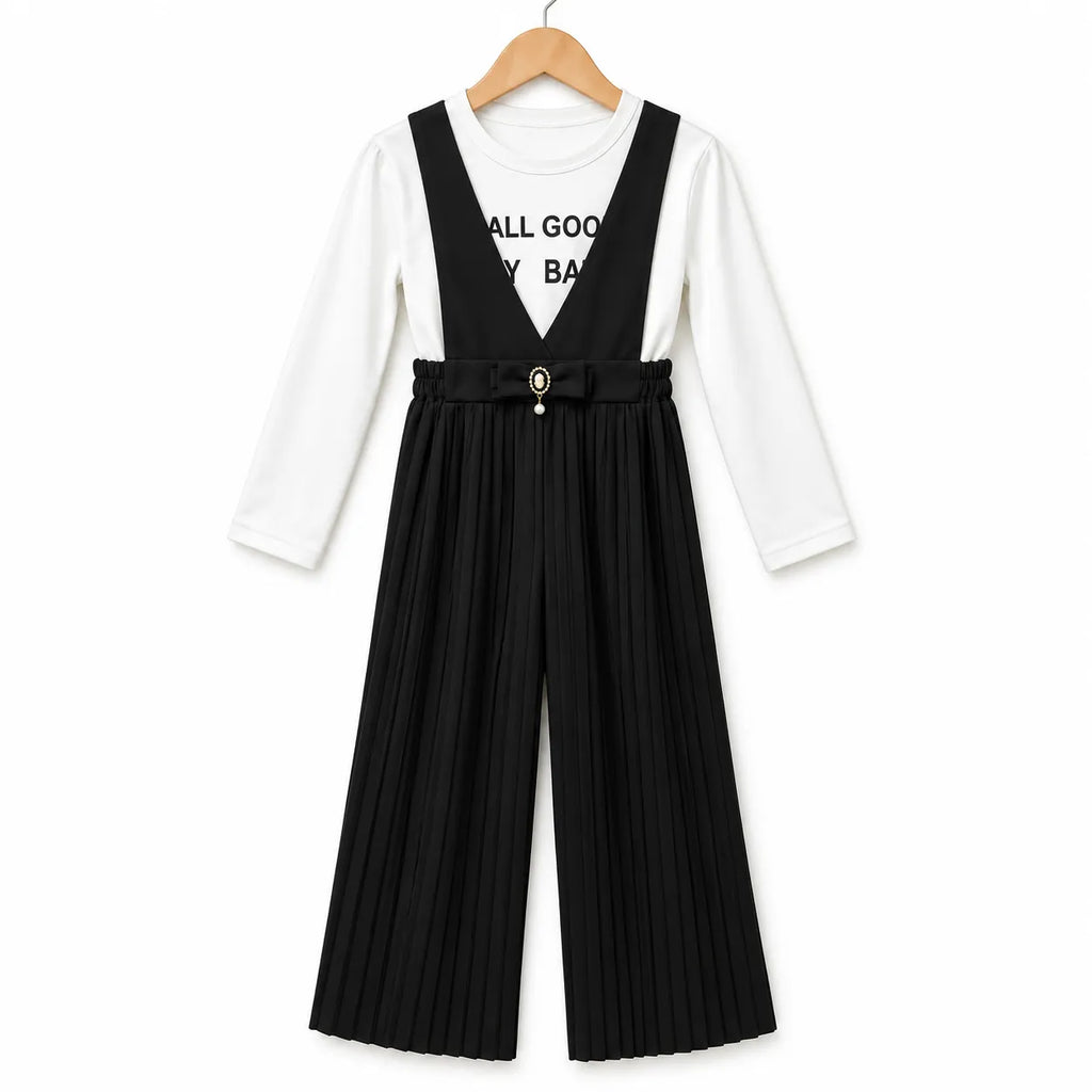 Girls Black All Good Print Dangri Jumpsuit – 2 Piece (Size 4 - 10 Years)