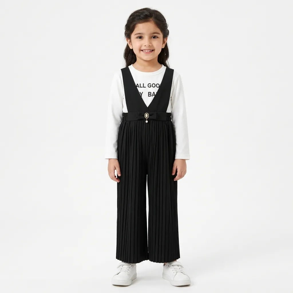 Girls Black All Good Print Dangri Jumpsuit – 2 Piece (Size 4 - 10 Years)
