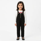Girls black corduroy dangri for ages 2 to 5 years, stylish sleeveless jacket by Lil' Cubs, shown in a close-up image.