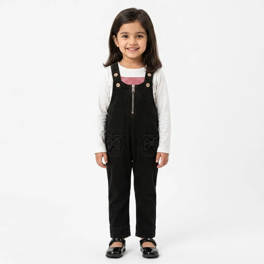 Girls Black Corduroy Dangri (Size 2-5 Years)