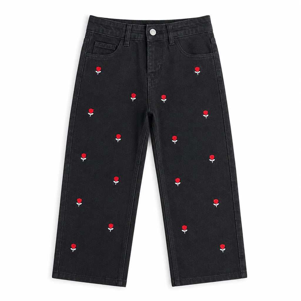 Girls Black Denim Jeans with Red Rose Embroidery (Size 2 - 10 Years)