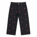 Girls Black Denim Jeans with Red Rose Embroidery (Size 2 - 10 Years)