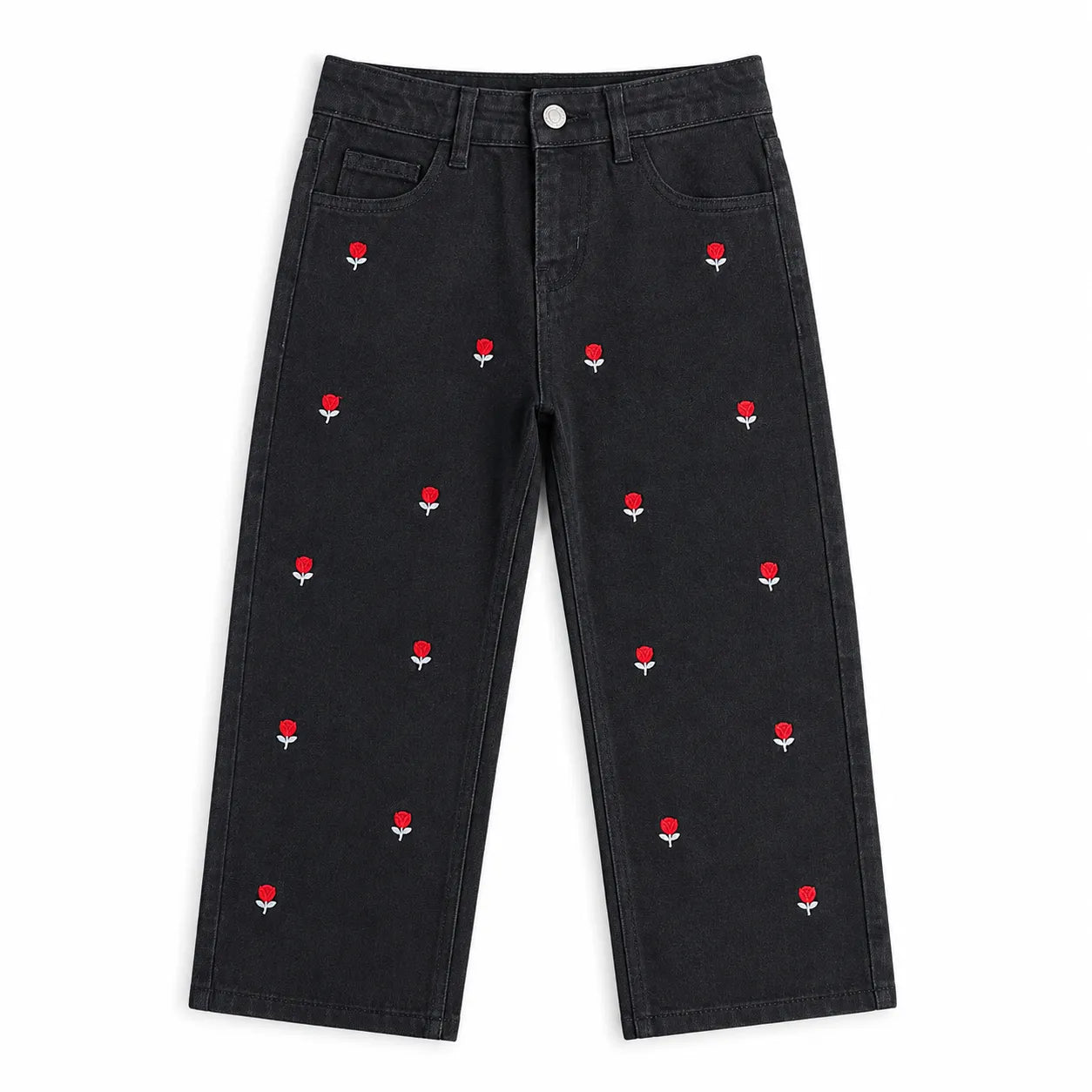 Girls Black Denim Jeans with Red Rose Embroidery (Size 2 - 10 Years)