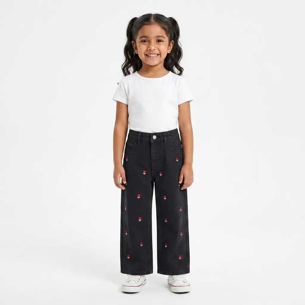 Girls Black Denim Jeans with Red Rose Embroidery (Size 2 - 10 Years)