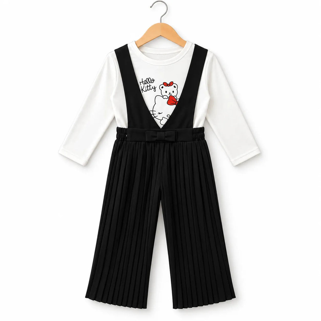 Girls Black Hello Kitty Print Dangri Jumpsuit – 2 Piece (Size 4 - 10 Years)