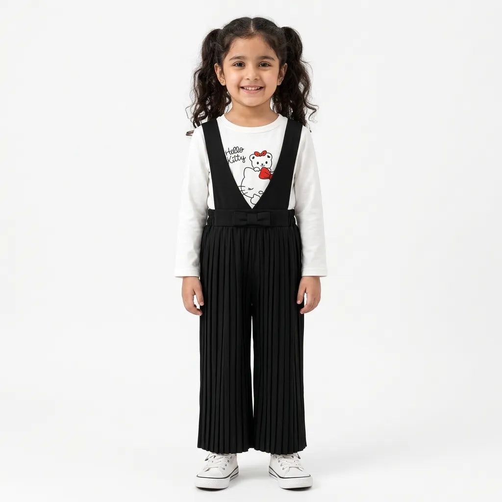 Girls Black Hello Kitty Print Dangri Jumpsuit – 2 Piece (Size 4 - 10 Years)