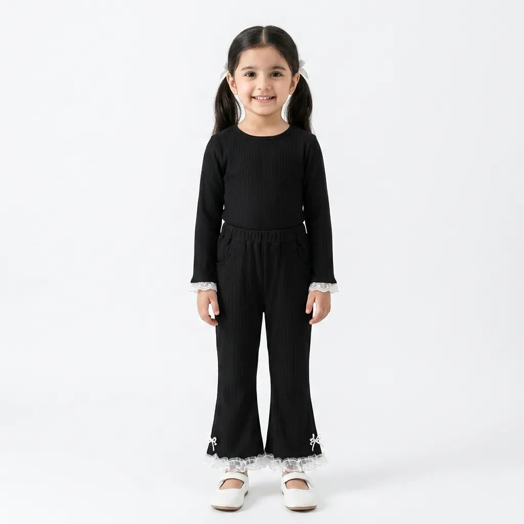 Girls Black Imported Rib Trouser (Size 3 - 12 Years)