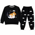 Girls black fleece winter coord set with sleeping cloud design, size 1-12 years, from lilcubspk, shown on a girl wearing the two-piece outfit.