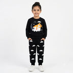Girls black fleece winter coord set with sleeping cloud print, 2-piece outfit for ages 1 to 12 years by lilcubspk.