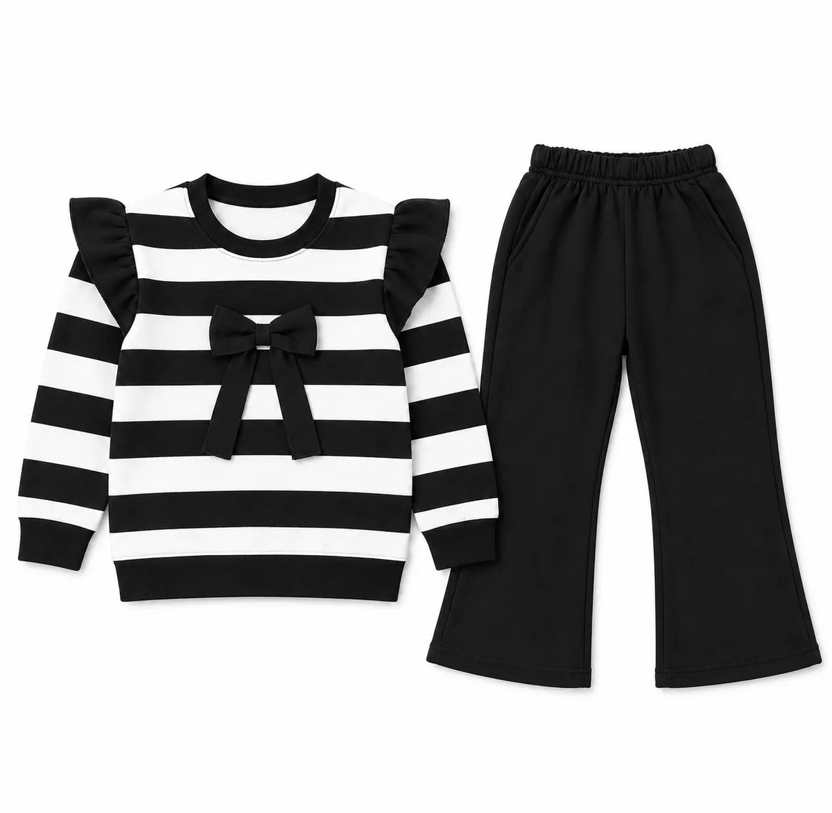 Girls Black & White Lining with Bow Winter Coord Set (2 Piece) - Size 1 - 12 Years