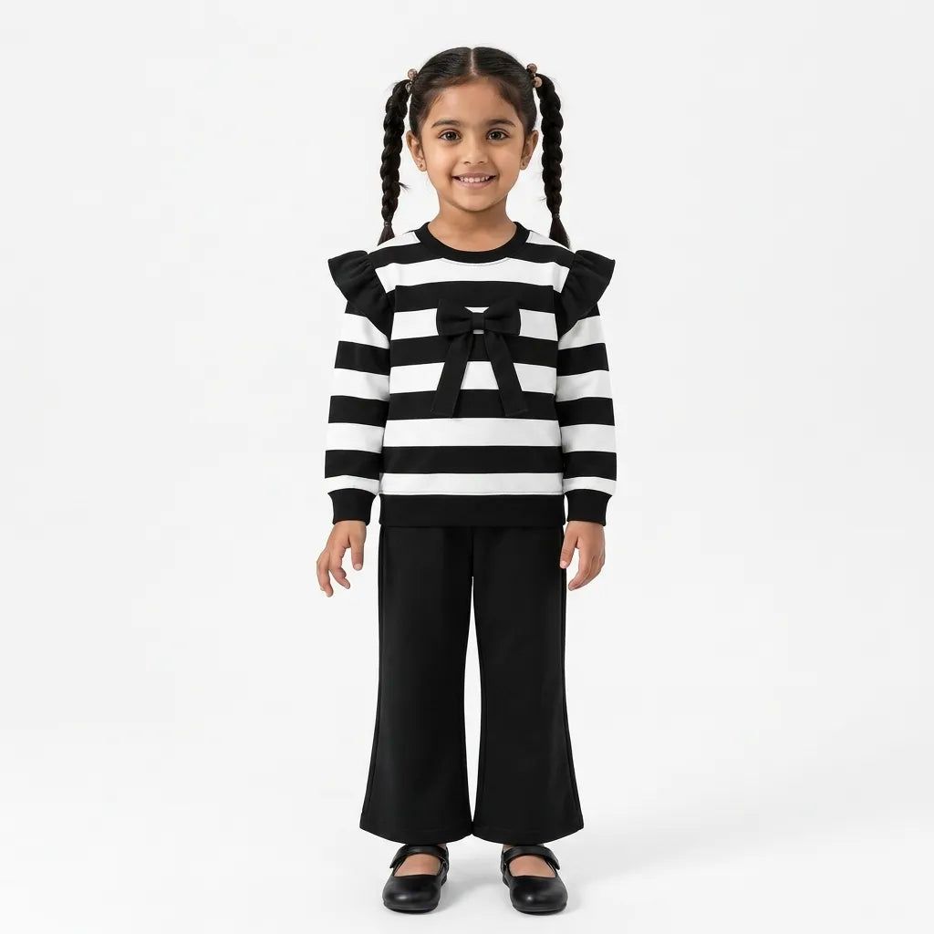 Girls Black & White Lining with Bow Winter Coord Set (2 Piece) - Size 1 - 12 Years