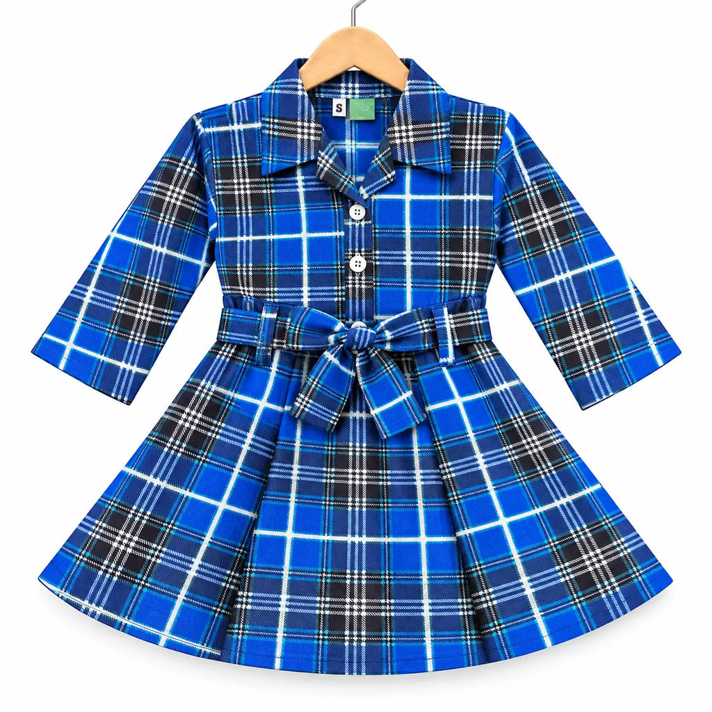 Girls Blue & Black Check Cotton Winter Frock with Waist Belt (Size 1 - 7 Years)