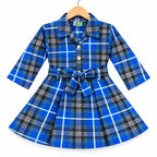 Girls Blue & Black Check Cotton Winter Frock with Waist Belt (Size 1 - 7 Years)