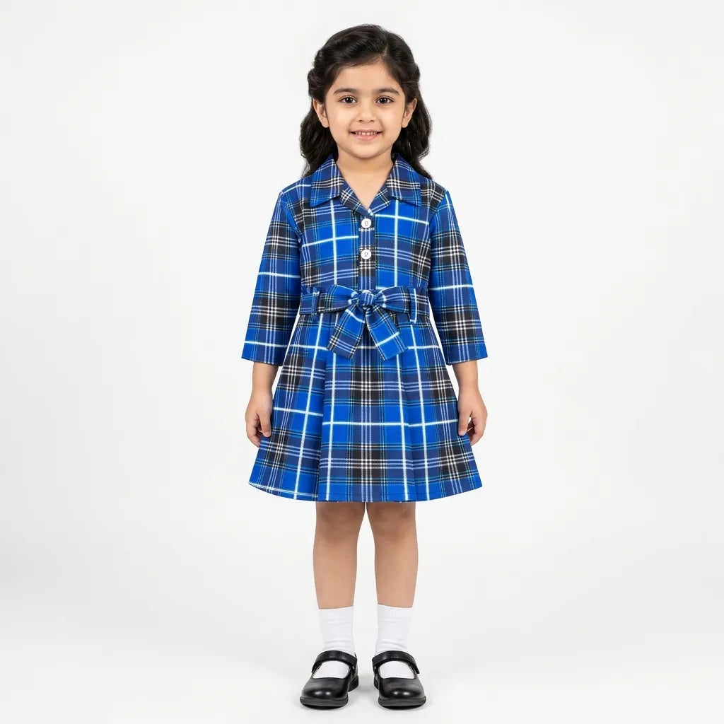 Girls Blue & Black Check Cotton Winter Frock with Waist Belt (Size 1 - 7 Years)