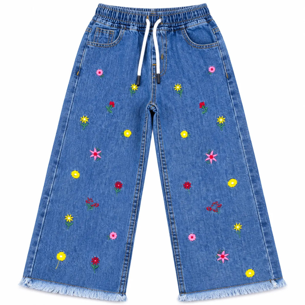 Girls Blue Denim Jeans Floral Embroidery (Size 2 - 12 Years)