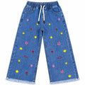 Girls Blue Denim Jeans Floral Embroidery (Size 2 - 12 Years)