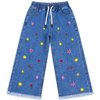 Girls Blue Denim Jeans Floral Embroidery (Size 2 - 12 Years)