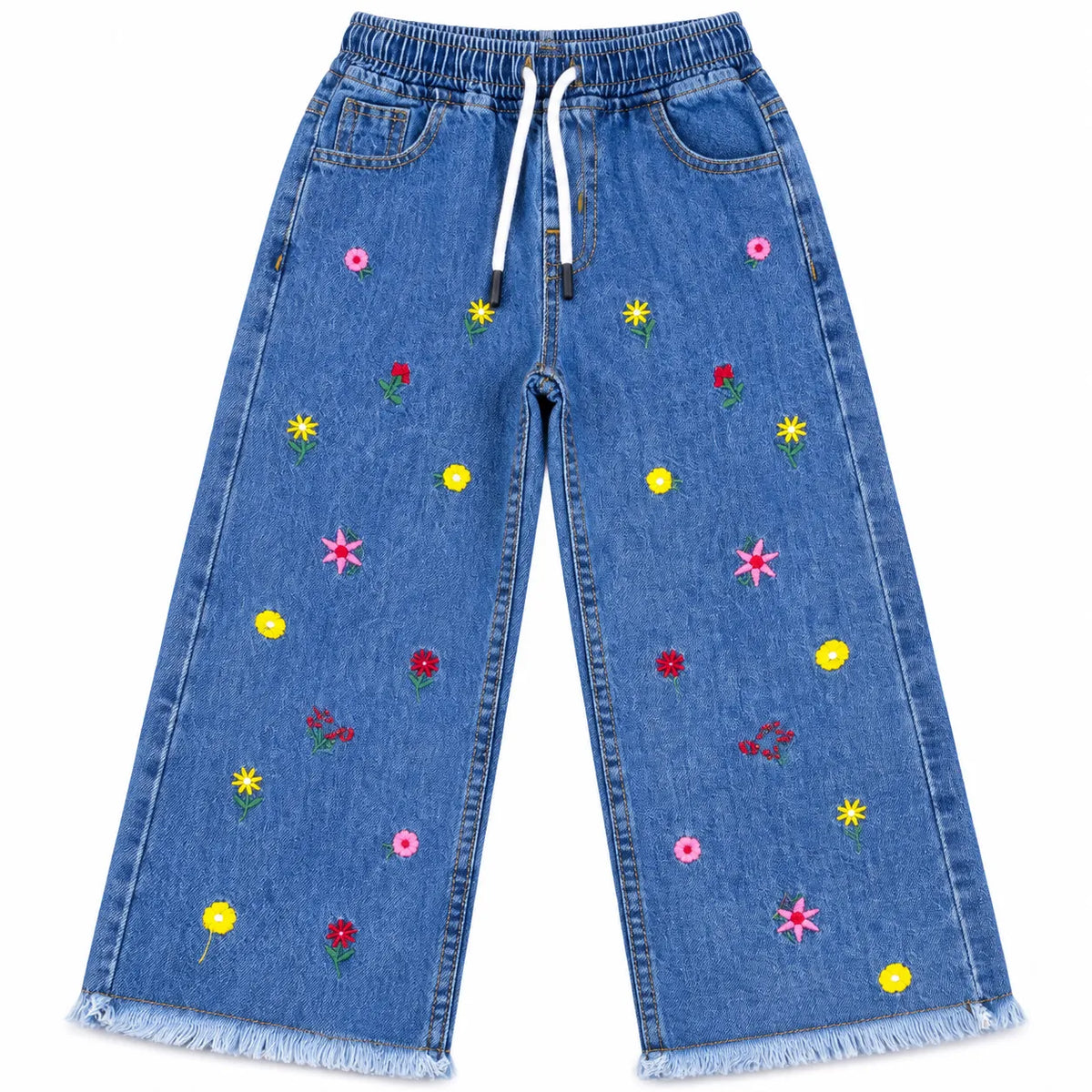 Girls Blue Denim Jeans Floral Embroidery (Size 2 - 12 Years)