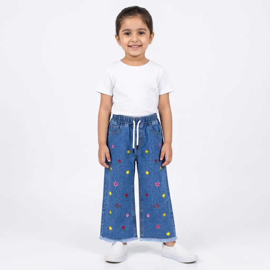 Girls Blue Denim Jeans Floral Embroidery (Size 2 - 12 Years)