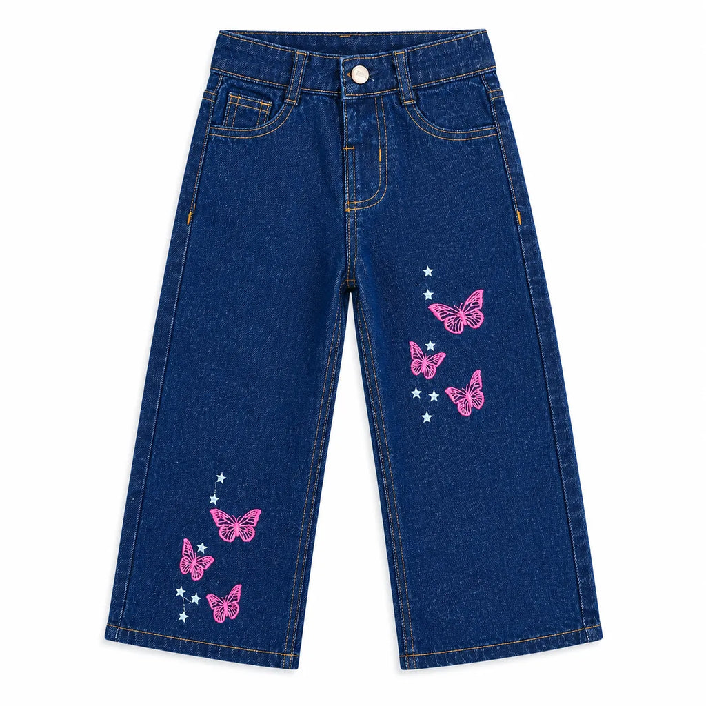 Girls Blue Denim Jeans with Butterfly Embroidery (Size 2 - 10 Years)