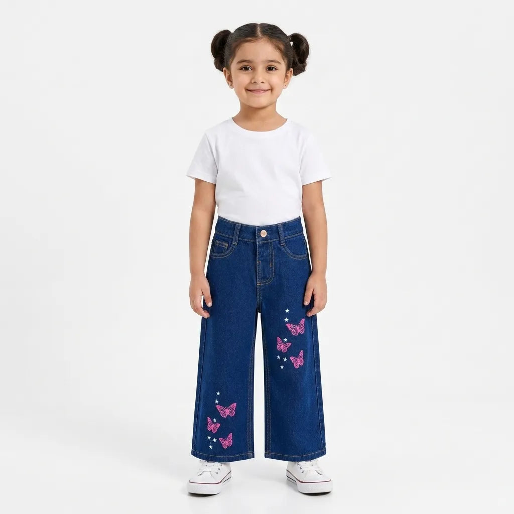 Girls Blue Denim Jeans with Butterfly Embroidery (Size 2 - 10 Years)
