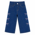 Girls Blue Denim Jeans with Pink Bow Embroidery (Size 2 - 10 Years)