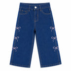 Girls Blue Denim Jeans with Pink Bow Embroidery (Size 2 - 10 Years)