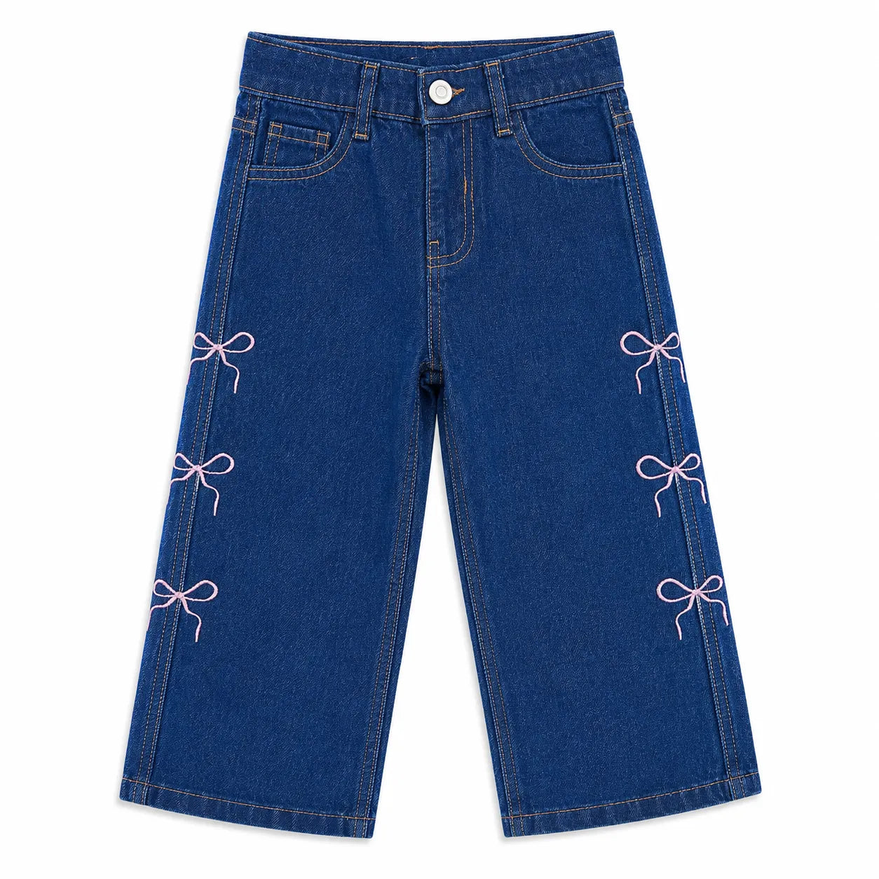 Girls Blue Denim Jeans with Pink Bow Embroidery (Size 2 - 10 Years)
