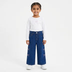 Girls Blue Denim Jeans with Pink Bow Embroidery (Size 2 - 10 Years)
