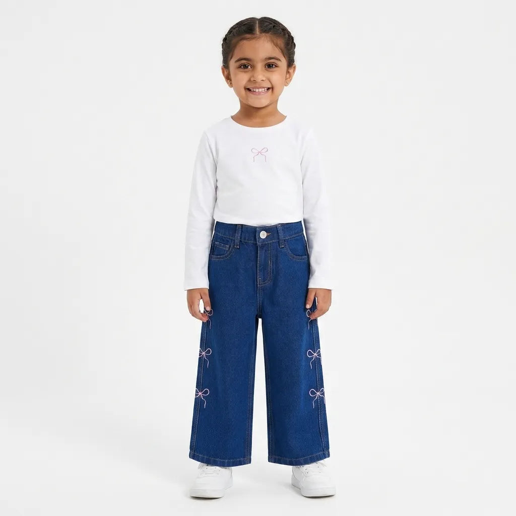 Girls Blue Denim Jeans with Pink Bow Embroidery (Size 2 - 10 Years)