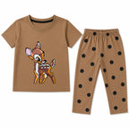 Girls brown Bambi summer coord set for ages 1-12, featuring a cute Bambi-themed top and shorts from lilcubspk.