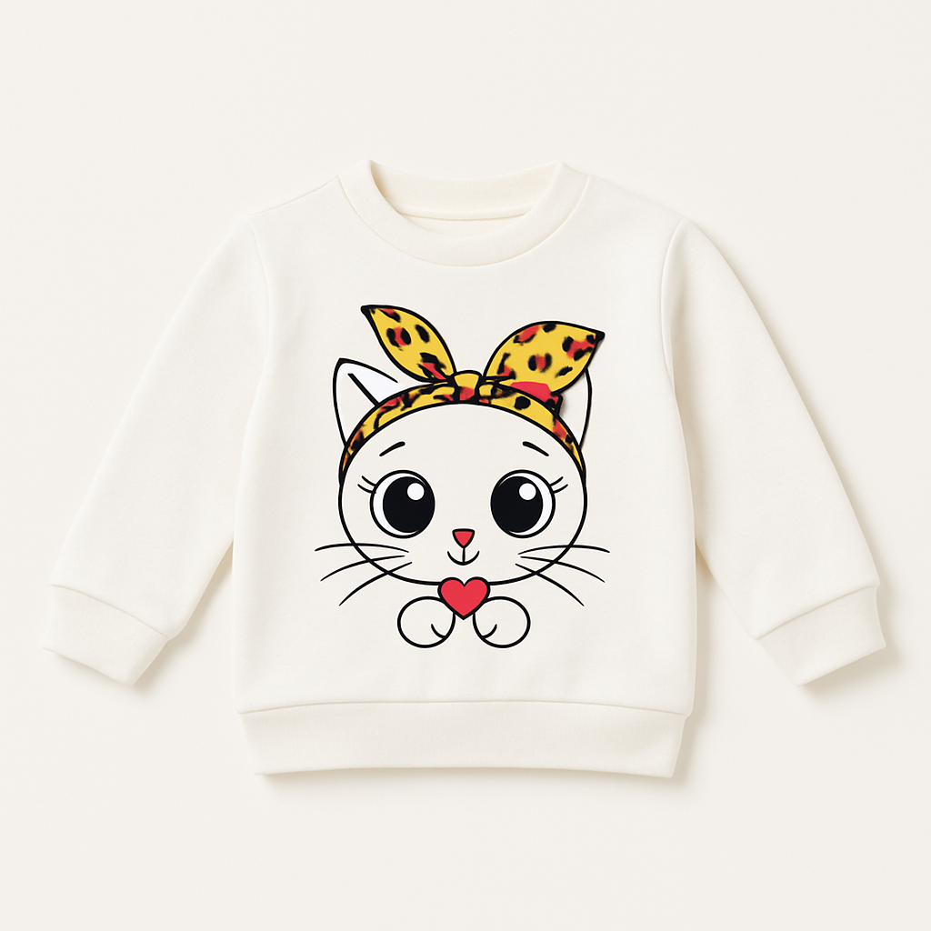 Girls cartoon cat printed sweatshirt – cozy winter top with cute graphic design

