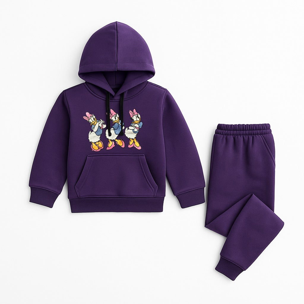 Girls purple hoodie and jogger tracksuit with cartoon character print – ages 1–12 years