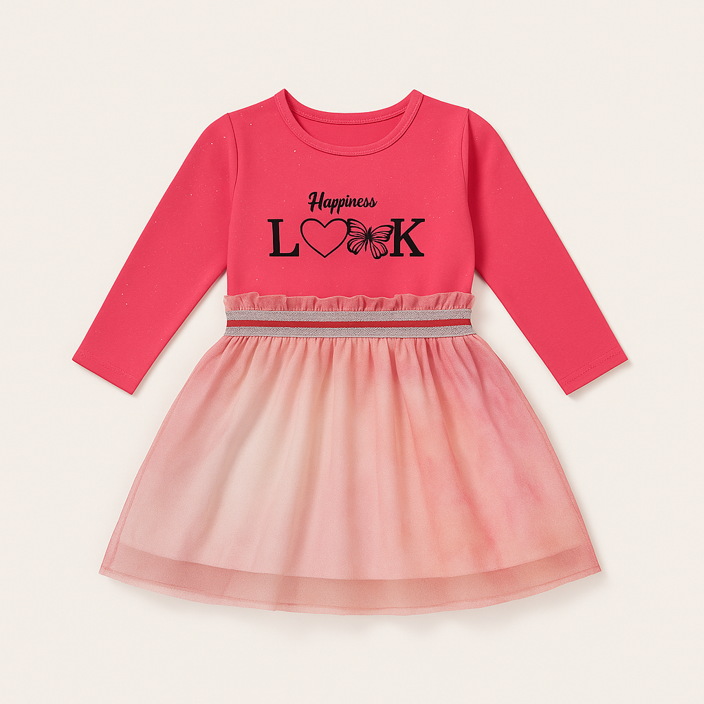 Coral pink long‑sleeve girls frock with “Happiness LOOK” print, glitter waistband, and ombré pink mesh skirt, sizes 3–7 years.