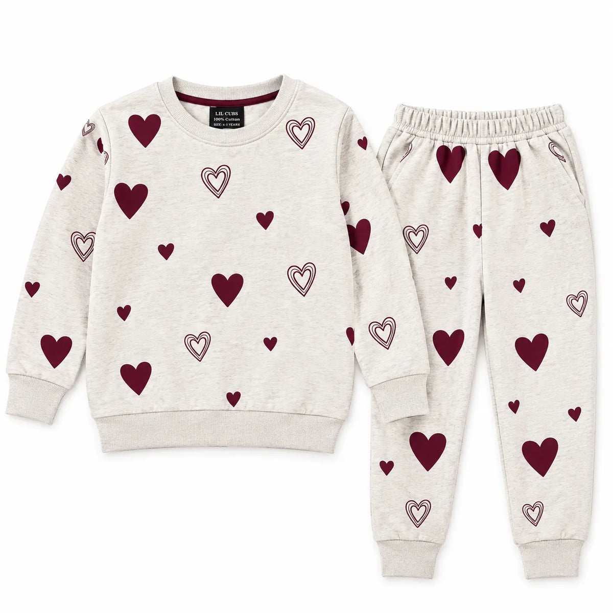 Girls Cream Burgundy Heart Winter Coord Set (2 Piece) - Size 1 - 12 Years