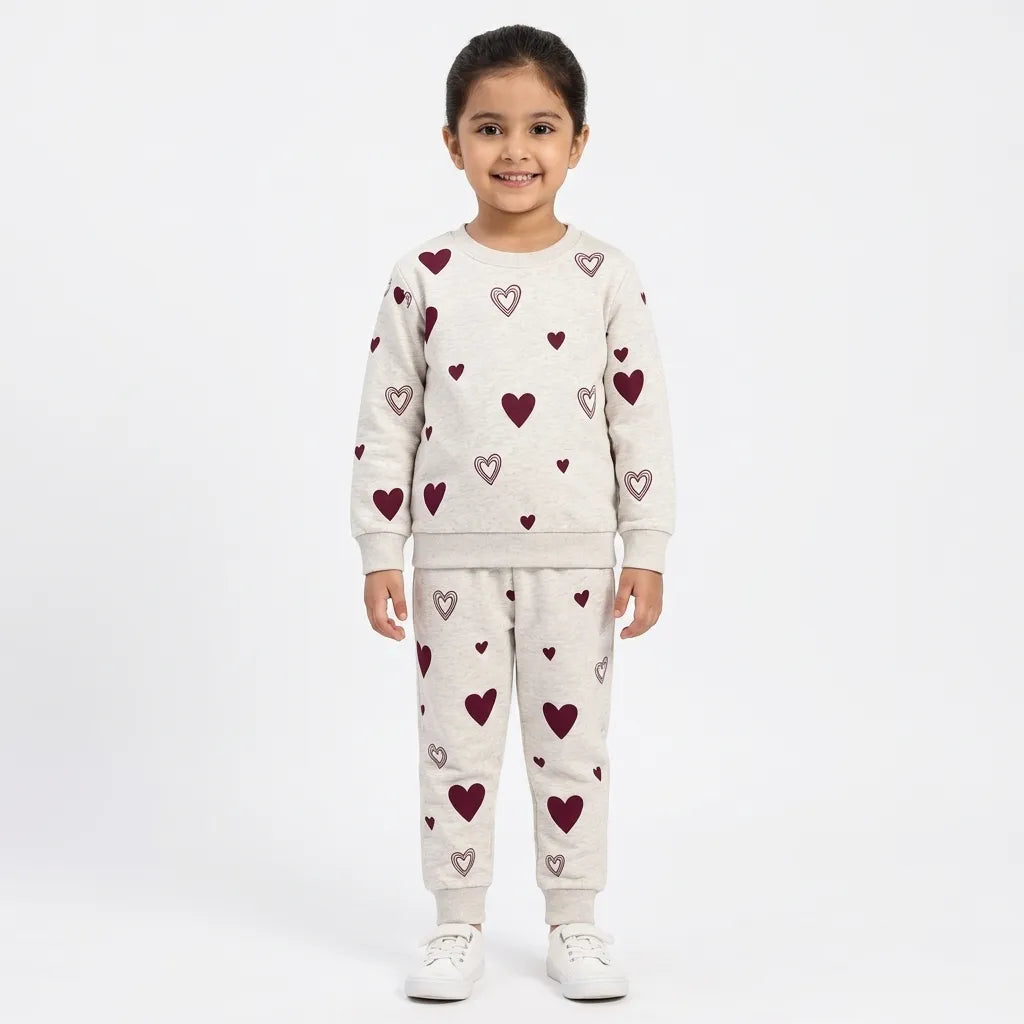 Girls Cream Burgundy Heart Winter Coord Set (2 Piece) - Size 1 - 12 Years